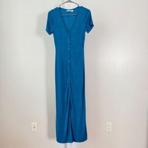 Morning Mist sz 10‎ Blue Button Front Maxi Dress Short Sleeve Fairy Feminine